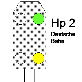 Lichtsignal (Hauptsignal) in Hp2 Stellung. (Langsamfahrt)